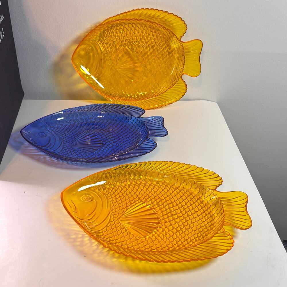 Blue Yellow Acrylic Fish Serving Dishes Trays Nautical Tropical Coastal Vintage